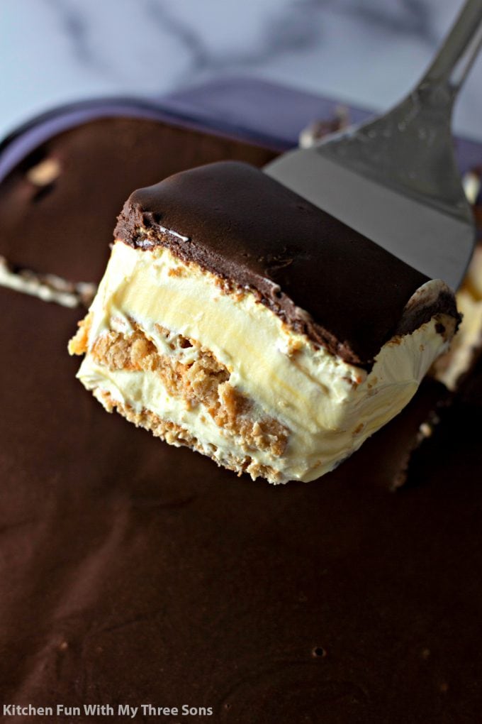 a slice of No Bake Eclair Cake 