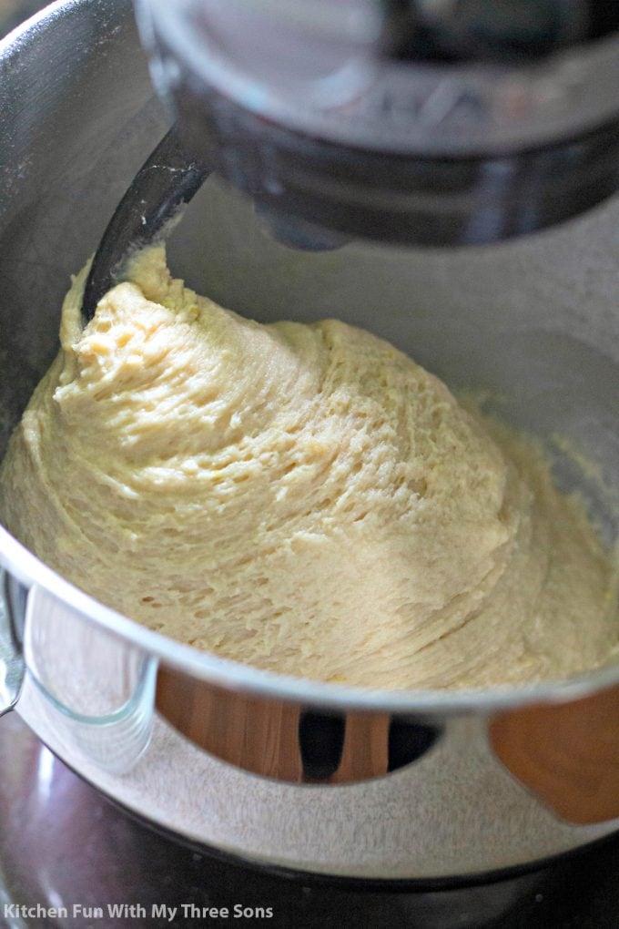 mixing sweet roll dough in a Kitchen Aid mixer