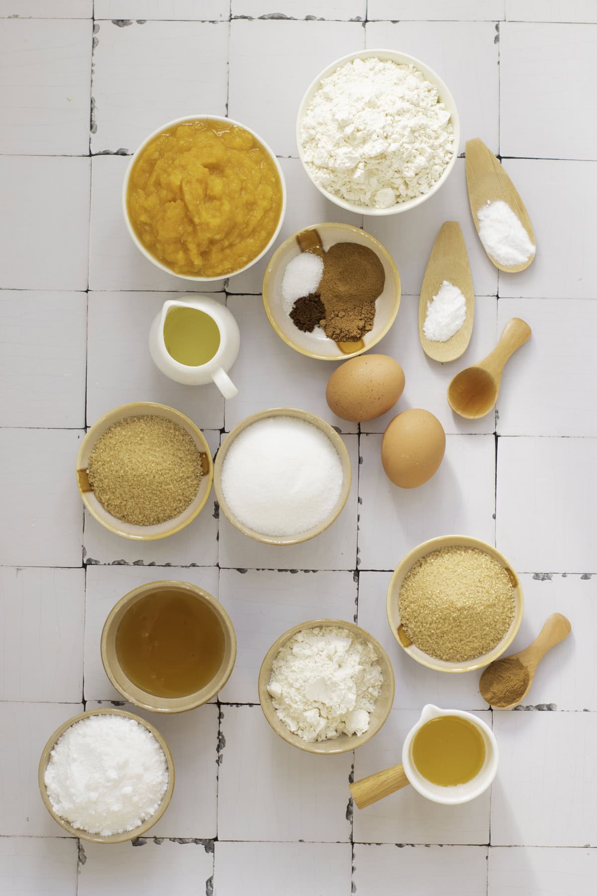 Overhead view of ingredients needed to make pumpkin streusel bread