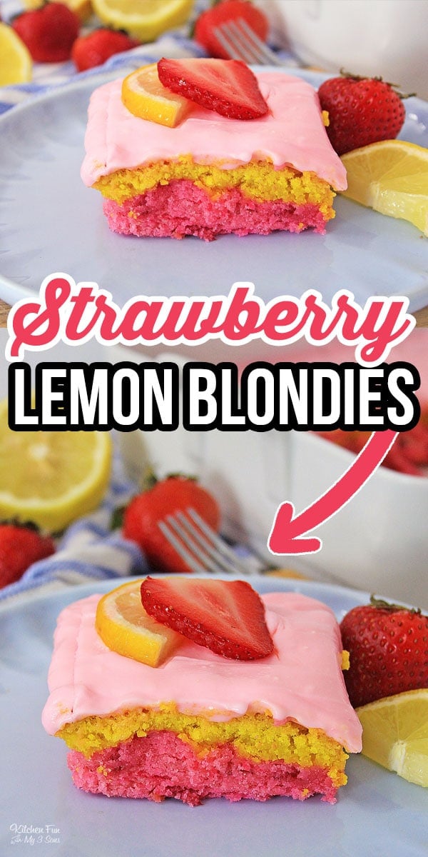 Strawberry Lemon Blondie Bars are buttery soft blondies with the great flavor combination of lemon and strawberries all topped with a yummy cream cheese frosting.