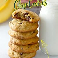 Banana Chocolate Chip Cookies next to a glass of milk.
