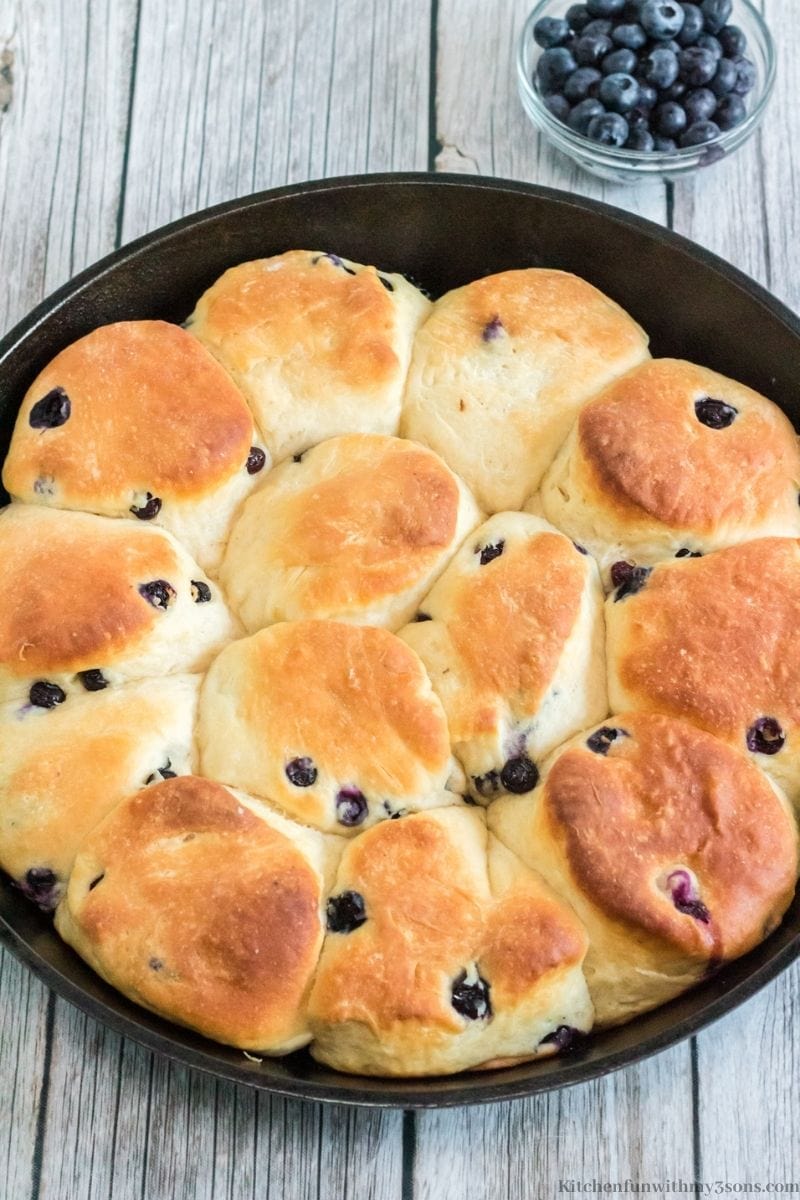 baked Blueberry Angel Biscuits in a skillet