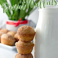 Three cinnamon sugar donut muffins stacked on top of each other beside a cold glass of milk with a plant in the background