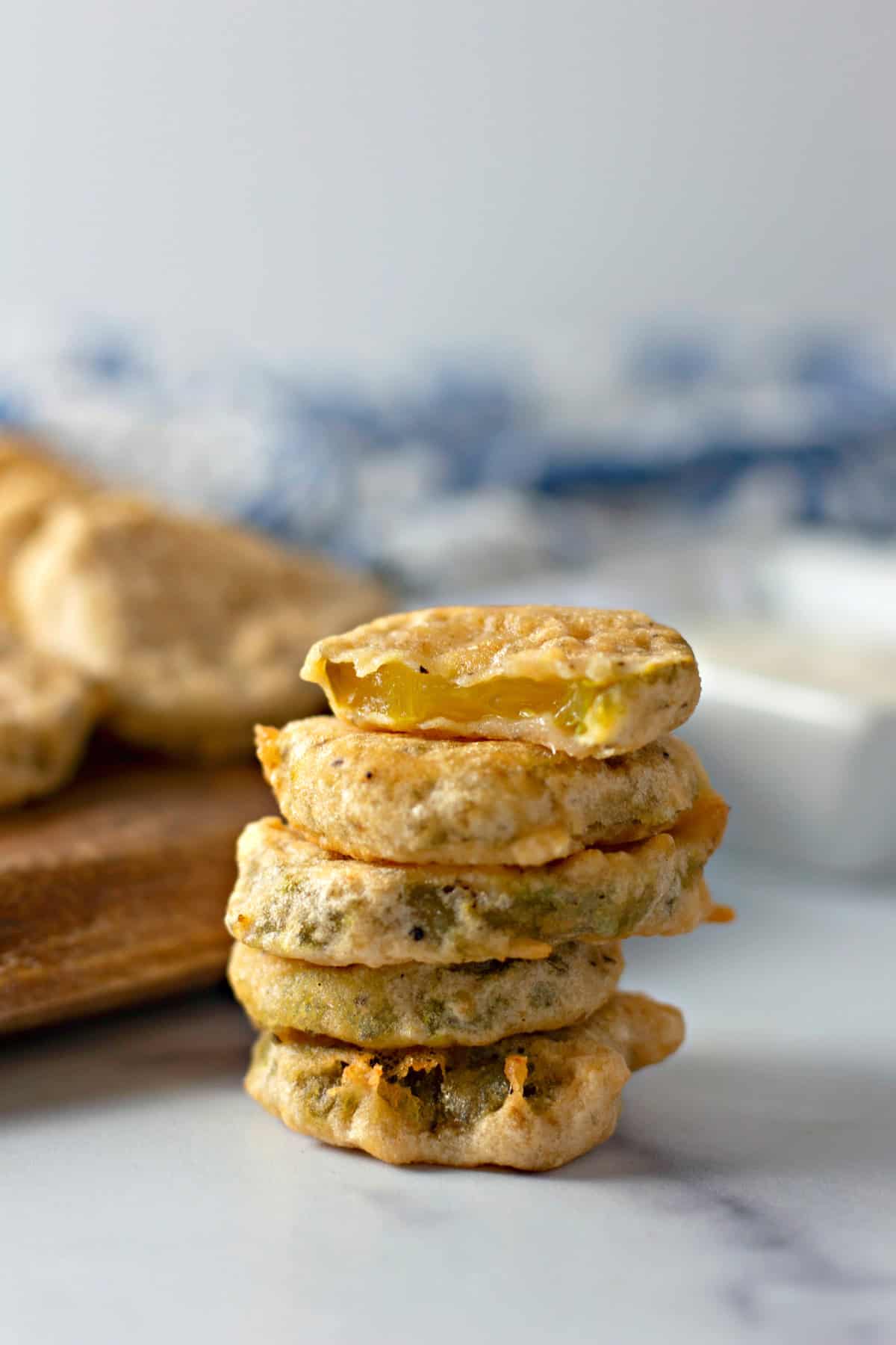 A stack of deep fried pickles