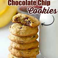 Pinterest graphic with a photo of banana chocolate chip cookies