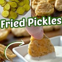Easy Fried Pickles photo collage with pickle slices, fried pickles, and a pickle being dipped into sauce.