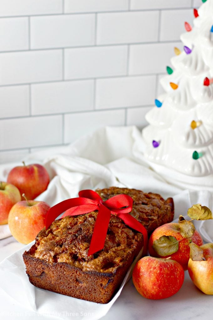 Amish Apple Fritter Bread in front of a Christmas tree
