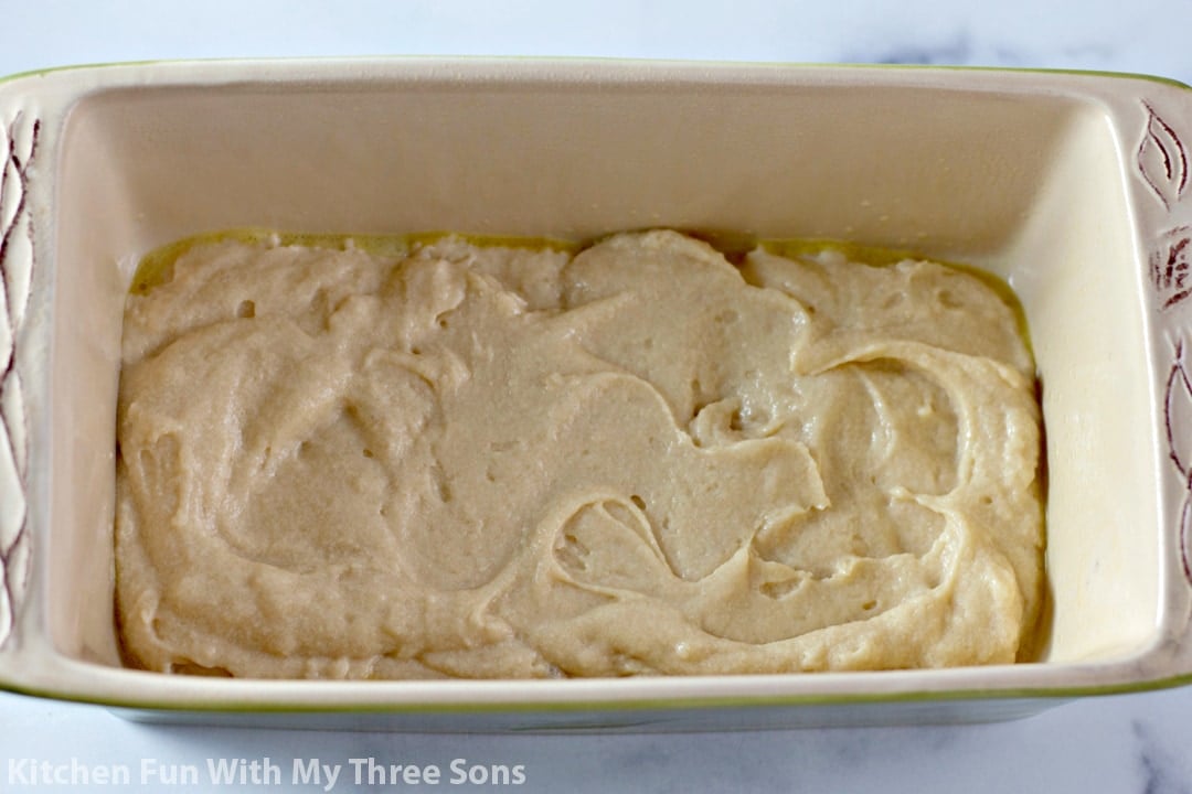 batter in the bottom of a loaf pan