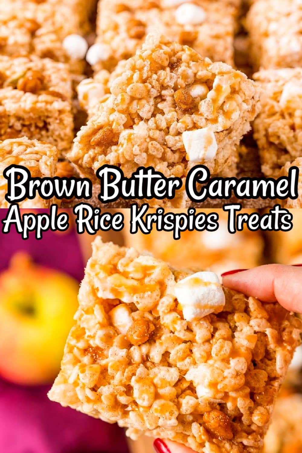 The title Brown Butter Caramel Apple Rice Krispies Treats in black and white lettering.