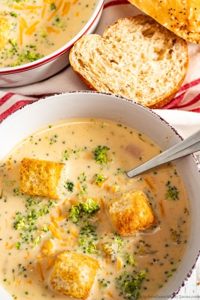 Best Ever Broccoli Cheese Soup Recipe in a serving bowl, topped with croutons.