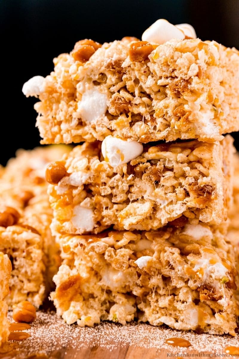 The Apple Rice Krispies stacked in sliced on top of each other.