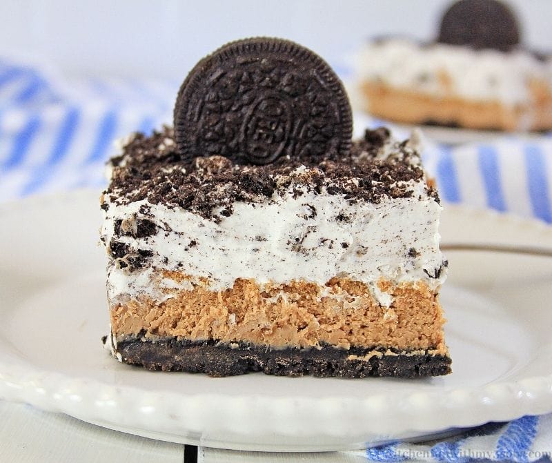 Chocolate Oreo Cheesecake Bars Recipe on a serving plate.