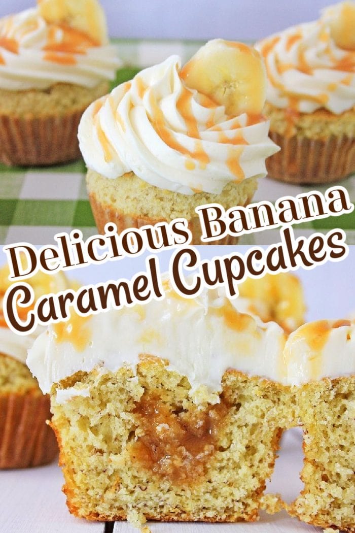 Delicious Banana Caramel Cupcakes with brown and white lettering.