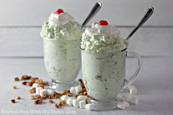 Easy Watergate Salad in glass mugs