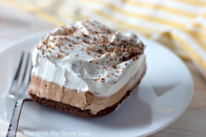slice of French Silk Pie Brownies on a white plate
