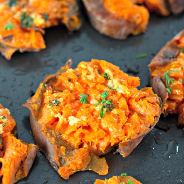 Garlic Butter Smashed Sweet Potatoes