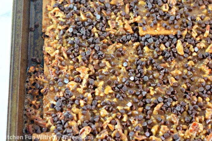 mini chocolate chips sprinkled over the toffee