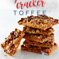 Graham Cracker Toffee with chocolate chips, in a stack.