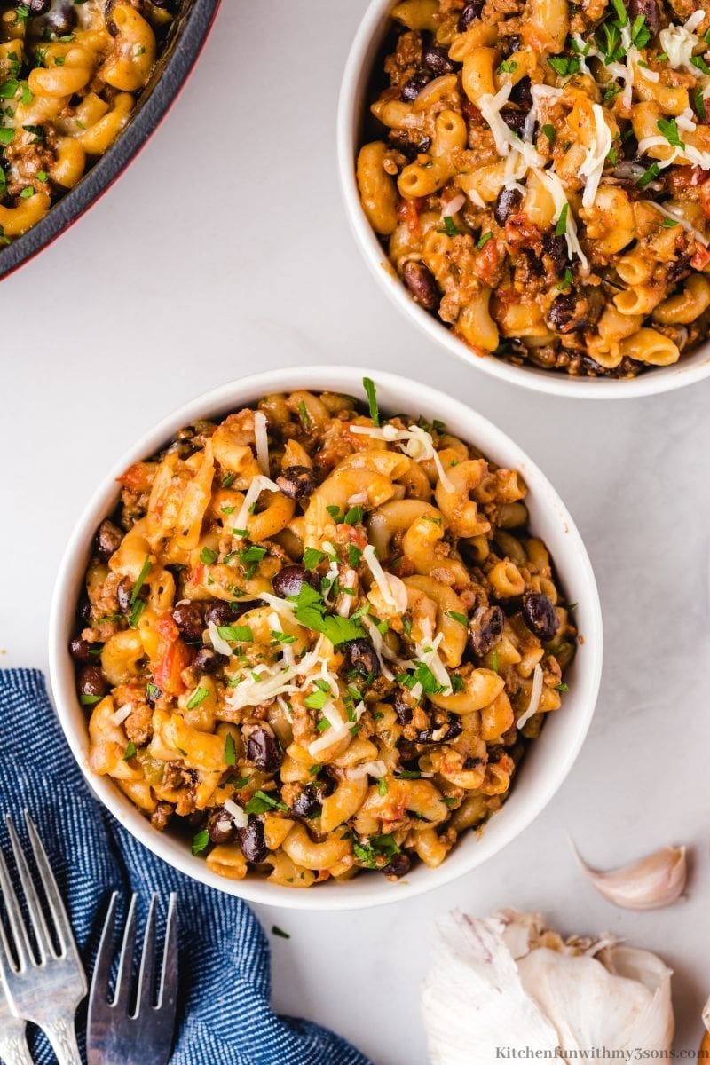 Homemade Chili Mac and Cheese Recipe in a serving bowl.