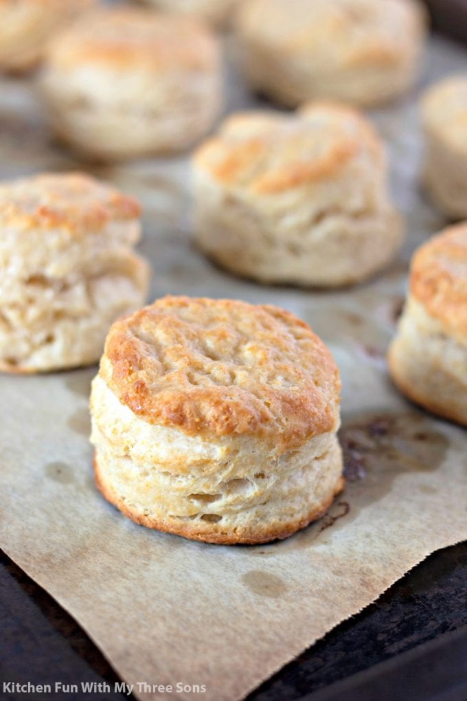 freshly baked Honey Butter Biscuits on a cookie sheet