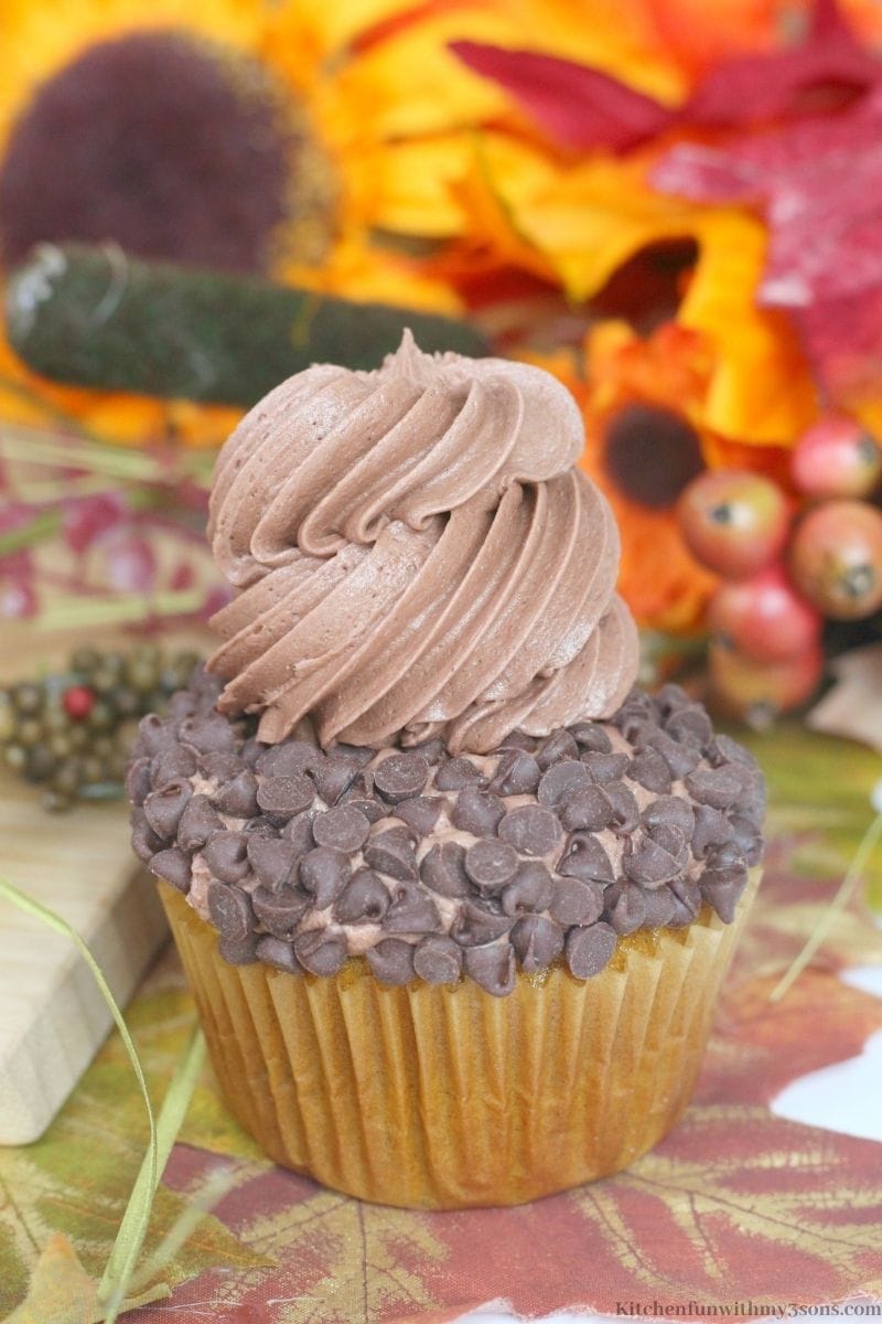 Close up of your Pumpkin Chocolate Chip Cupcakes Recipe.