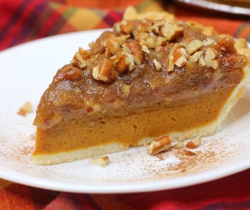 Close up of the Pumpkin Pecan Pie with chopped pecans.