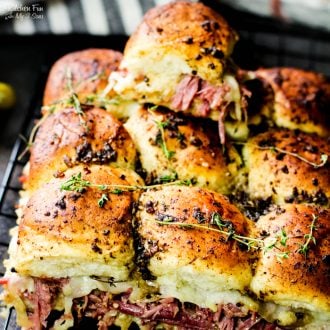 Reuben Sliders are a dinner favorite at our house. Shredded corn beef, sauerkraut and Swiss cheese all on a sweet bun and ready in ten minutes. 