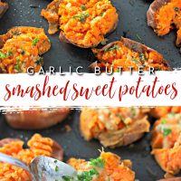Garlic Butter Smashed Sweet Potatoes