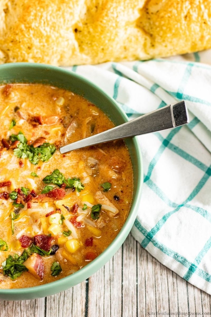 Southwest Chicken Corn Chowder with a side of bread.