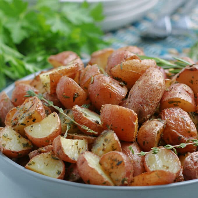 Roasted potatoes in a bowl