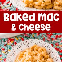 Pinterest graphic with two images of baked mac and cheese