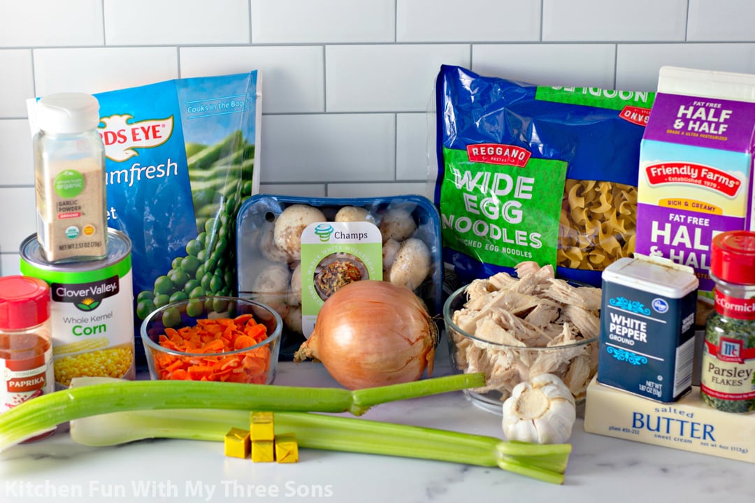 The ingredients for Chicken Pot Pie Soup with Noodles
