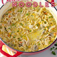 Title image for Chicken Pot Pie Soup with Noodles, featuring a pot of hearty soup.