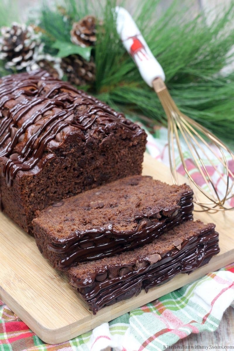 Chocolate Mocha Banana Bread with a whisk next to it.