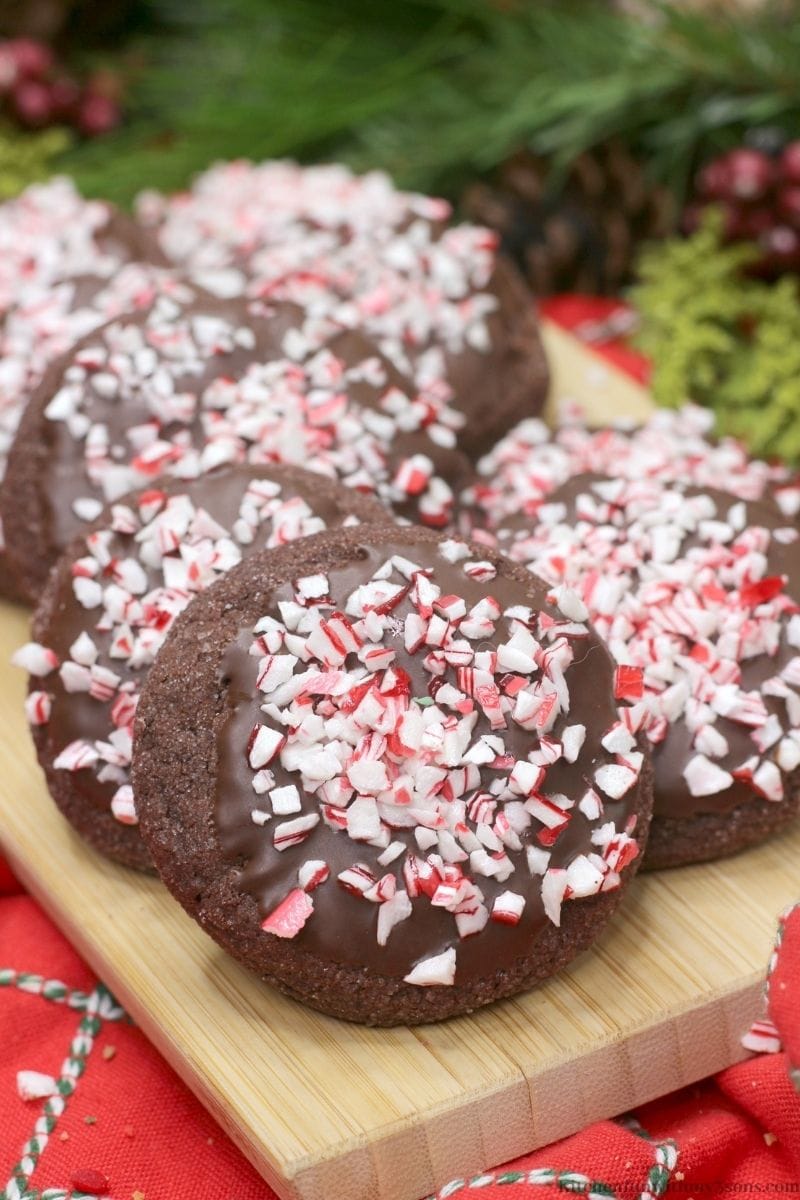 Chocolate Peppermint Mocha Cookies laid on top of each other.