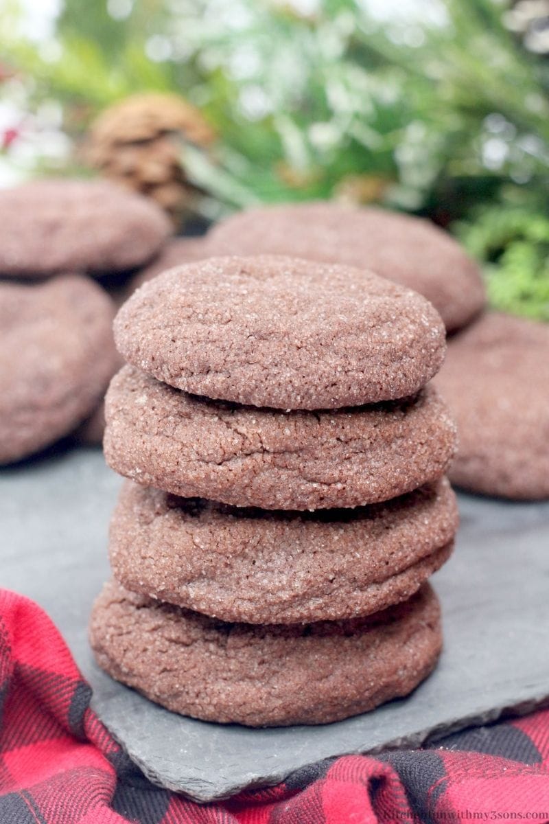 Chocolate Snickerdoodles stacked on top of eachother.