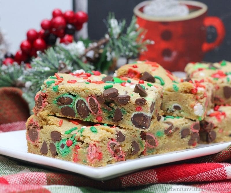 Christmas Cookie Bars on a white serving platter.