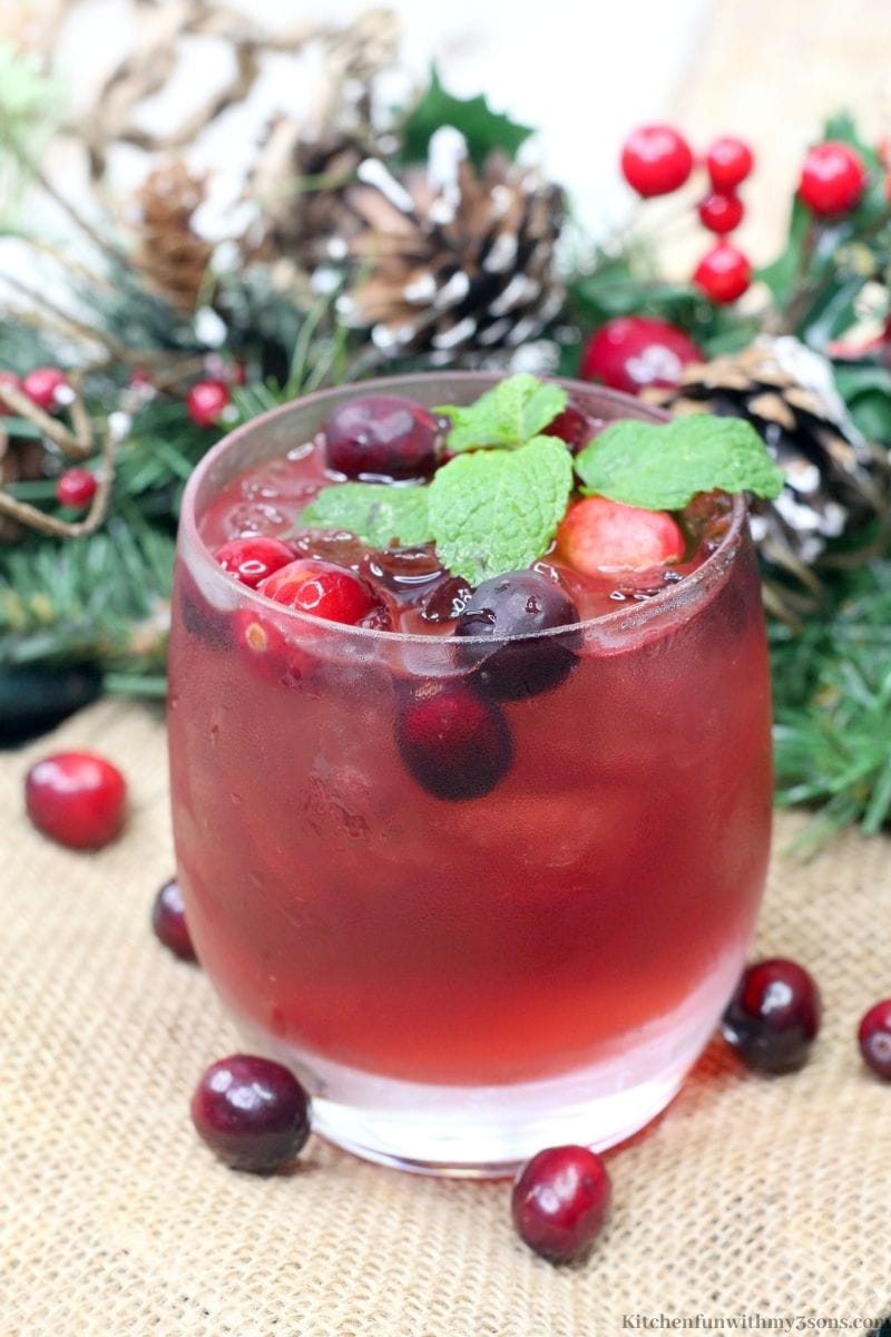 Cranberry Spritzer with pine branches and pine cones behind it.