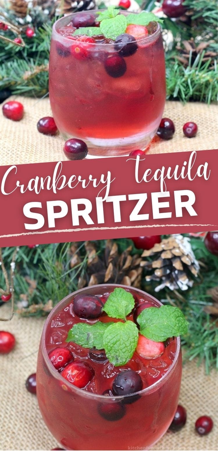 Cranberry Tequila Spritzer in a glass topped with cranberries and a mint sprig