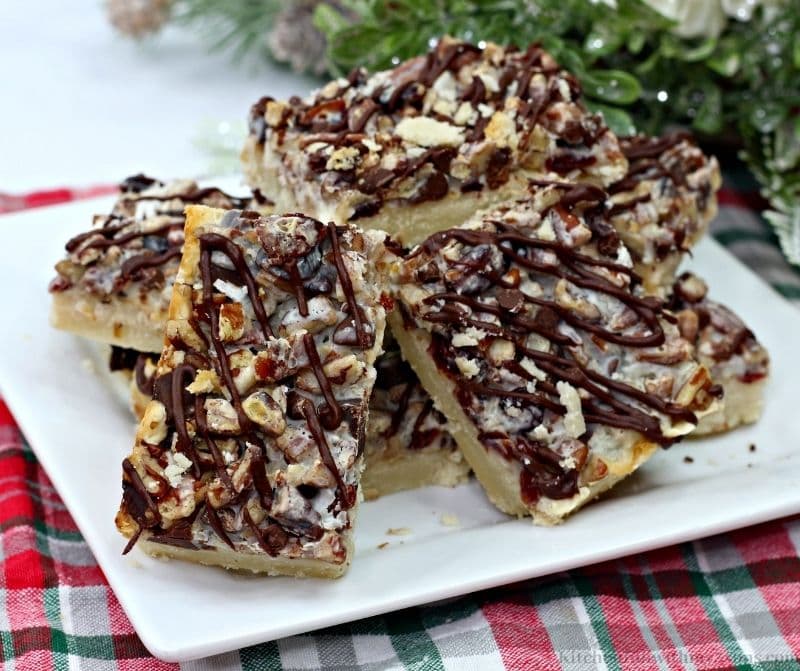 Dark Chocolate Cranberry Magic Bars Recipe on a serving plate.