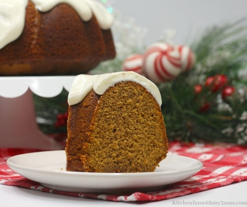 A slice of the Gingerbread Bundt Cake on a serving plate.