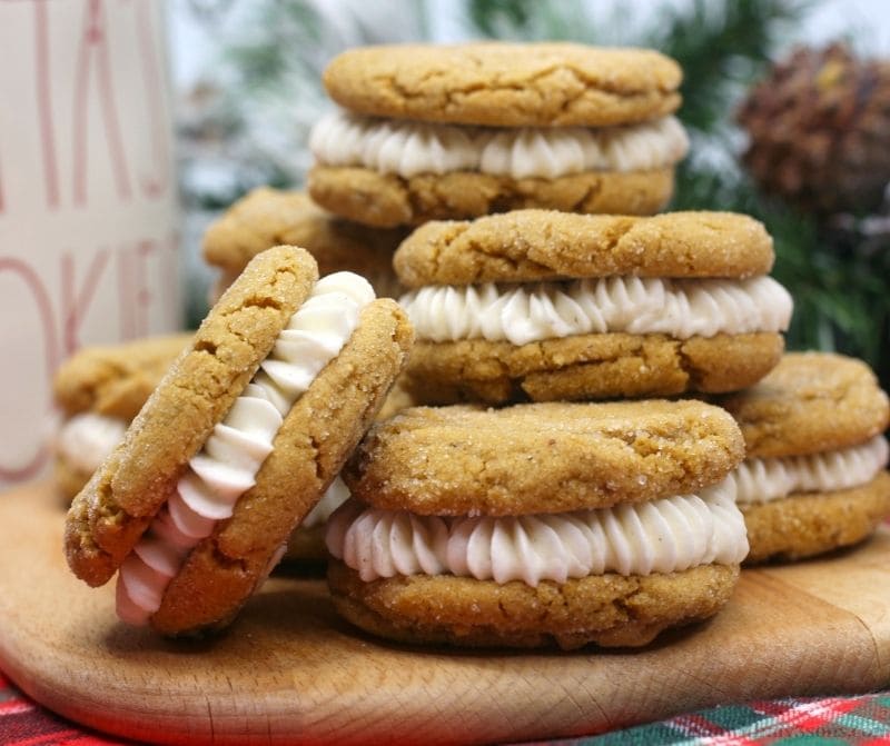 Gingerbread Sandwich Cookies stacked on top of eachother.