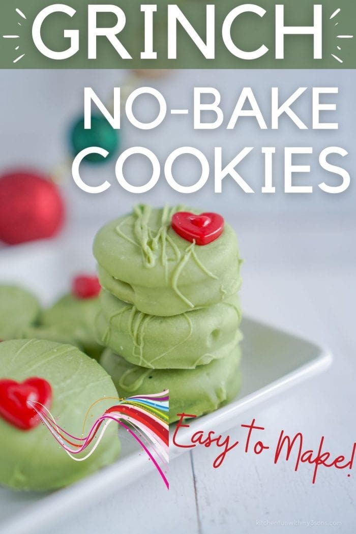 pinterest image for grinch no bake cookies