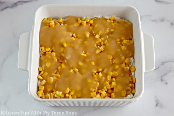 gravy over top of the corn layer