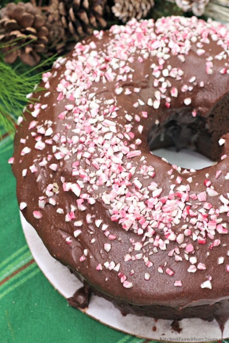 The whole Peppermint Mocha Bundt Cake on a serving platter.
