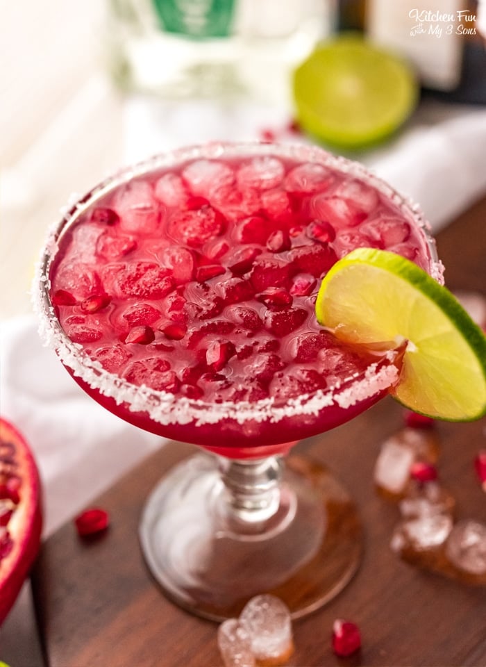 Pomegranate Margarita gives a twist on a traditional margarita with tequila, Cointreau, lime juice, simple syrup, and pomegranate juice. 