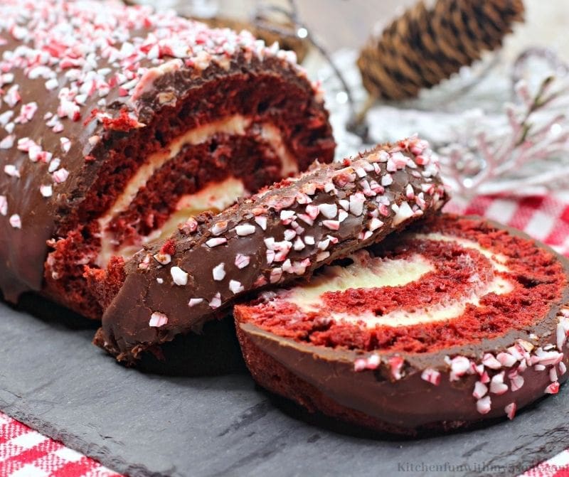 Red Velvet Cake Roll cut into slices.