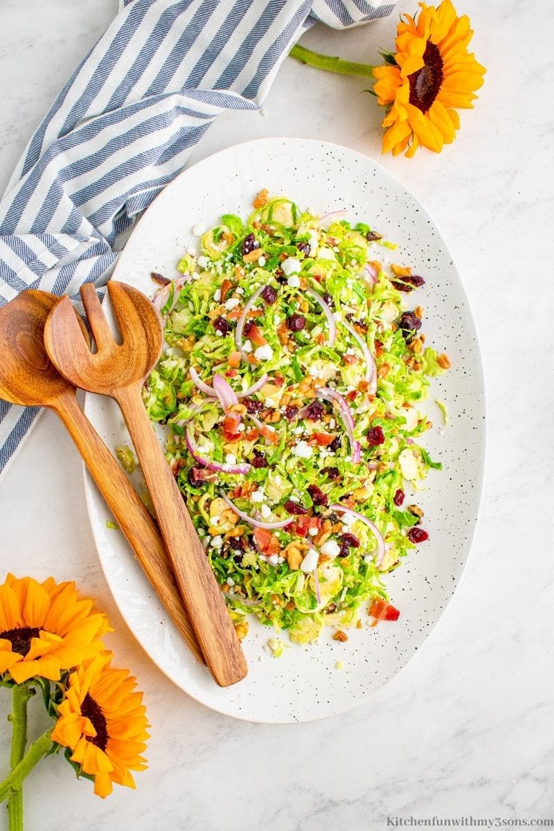 Shaved Brussels Sprouts Salad Recipe on a serving platter.