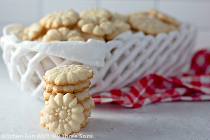 Shortbread Cookie Press Cookies in a white basket with a red napkin