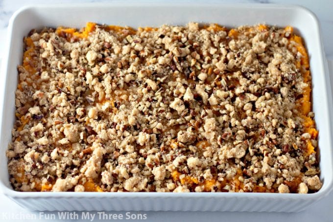 sweet potato casserole topped with pecan crumble